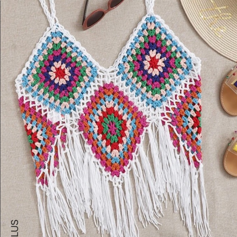 SOLD- Colorful fringe crochet top